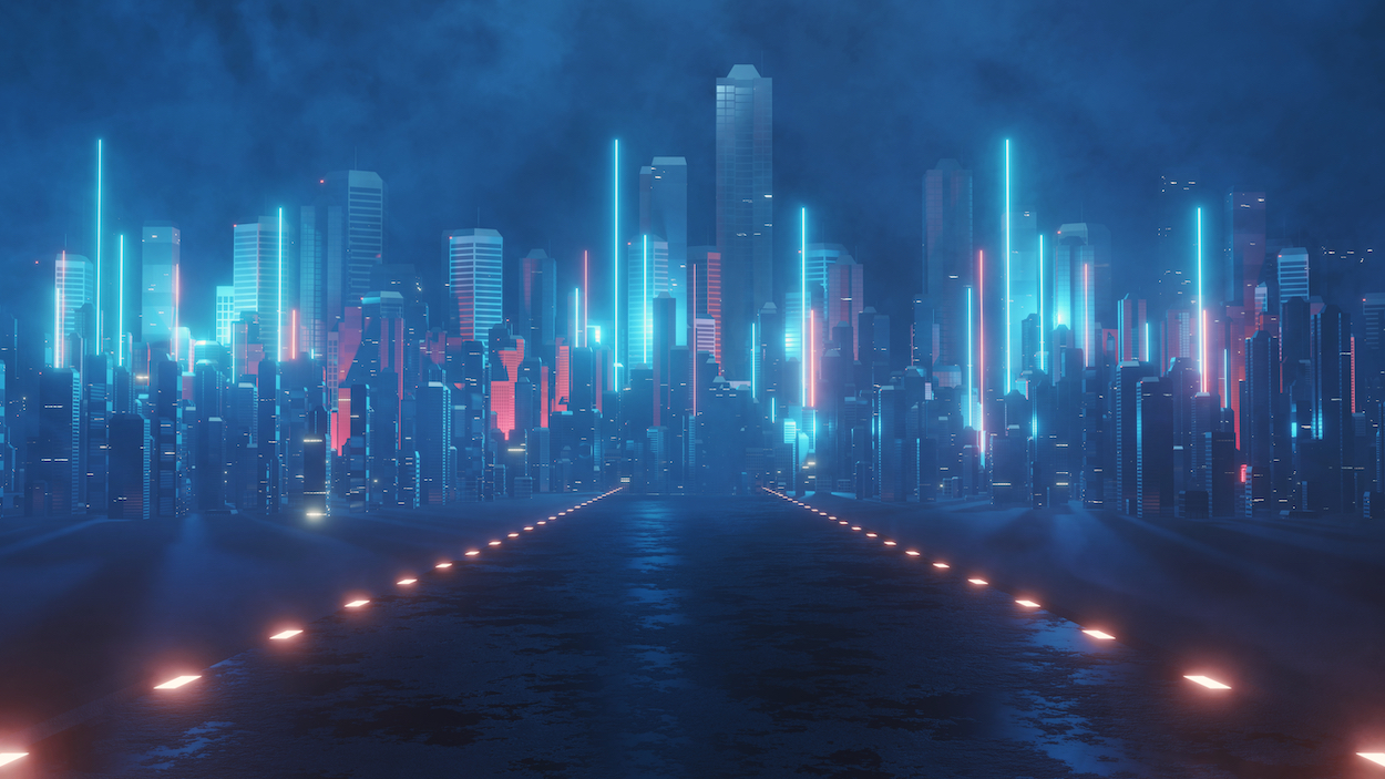 3D Rendering of neon mega city with light reflection f