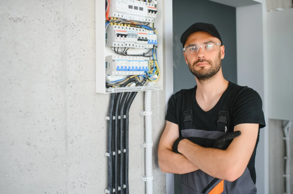 Workforce-Electrician standing next to a fuse panel